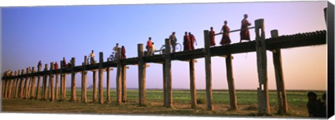 Framed Myanmar, Mandalay, U Bein Bridge, People crossing over the bridge Print