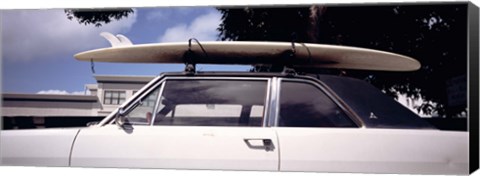 Framed California, Surf board on roof of car Print