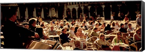 Framed Tourists Listening To A Violinist At A Sidewalk Cafe, Venice, Italy Print