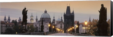 Framed Lit Up Bridge At Dusk, Charles Bridge, Prague, Czech Republic Print