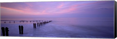 Framed Wooden Posts In Water, Sandsend, Yorkshire, England, United Kingdom Print