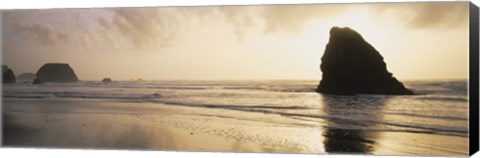 Framed Silhouette of rocks on the beach, Fort Bragg, Mendocino, California Print