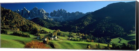 Framed Buildings on a landscape, Dolomites, Funes Valley, Le Odle, Santa Maddalena, Tyrol, Italy Print