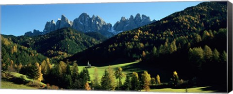 Framed Trees on a landscape, Dolomites, Funes Valley, Le Odle, Santa Maddalena, Tyrol, Italy Print