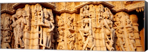 Framed Sculptures carved on a wall of a temple, Jain Temple, Ranakpur, Rajasthan, India Print