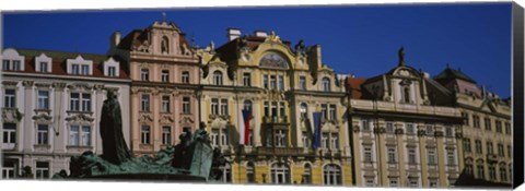 Framed Statue in front of buildings, Jan Hus Monument, Prague Old Town Square, Old Town, Prague, Czech Republic Print
