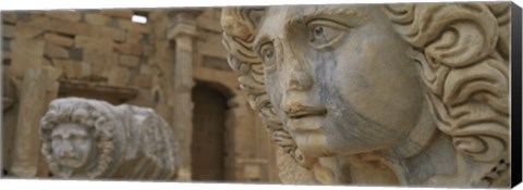 Framed Close-up of statues in an old ruined building, Leptis Magna, Libya Print