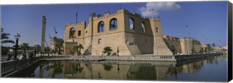 Framed Reflection of a building in a pond, Assai Al-Hamra, Tripoli, Libya Print