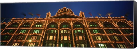 Framed Low angle view of a building lit up at night, Harrods, London, England Print