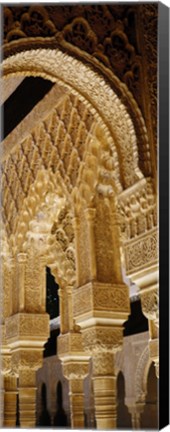 Framed Low angle view of carving on arches and columns of a palace, Court Of Lions, Alhambra, Granada, Andalusia, Spain Print