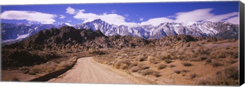 Framed Dirt road passing through an arid landscape, Lone Pine, Californian Sierra Nevada, California, USA Print