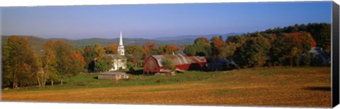 Framed Church and a barn in a field, Peacham, Vermont, USA Print