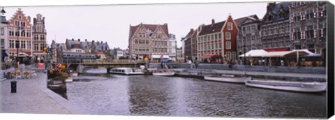 Framed Tour boats docked at a harbor, Leie River, Graslei, Ghent, Belgium Print