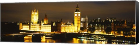 Framed Buildings lit up at night, Westminster Bridge, Big Ben, Houses Of Parliament, Westminster, London, England Print