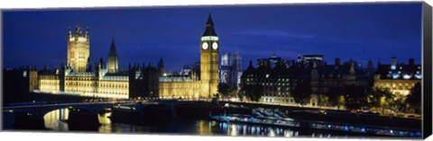 Framed Buildings lit up at dusk, Westminster Bridge, Big Ben, Houses Of Parliament, Westminster, London, England Print