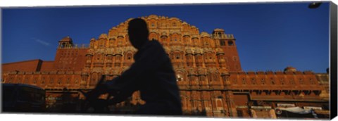 Framed Silhouette of a person riding a motorcycle in front of a palace, Hawa Mahal, Jaipur, Rajasthan, India Print