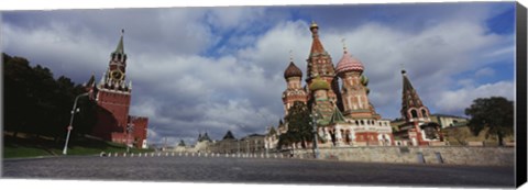 Framed Low angle view of a cathedral, St. Basil&#39;s Cathedral, Spasskaya Tower, Kremlin, Moscow, Russia Print