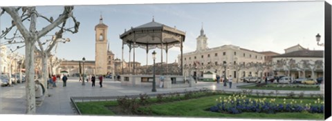 Framed Tourists in front of buildings, Plaza De Cervantes, Alcala De Henares, Madrid, Spain Print