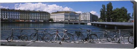 Framed Buildings at the waterfront, Rhone River, Geneva, Switzerland Print