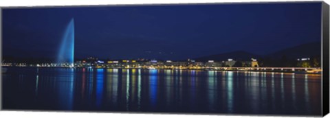 Framed Buildings lit up at night, Jet D&#39;eau, Lake Geneva, Lausanne, Switzerland Print