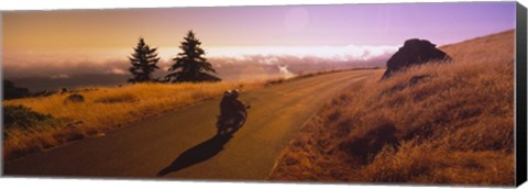 Framed High angle view of a motorcycle moving on a road, Mt Tamalpais, Marin County, California, USA Print