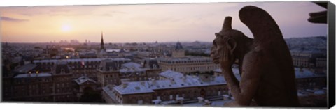 Framed Chimera sculpture with a cityscape in the background, Galerie Des Chimeres, Notre Dame, Paris, Ile-De-France, France Print