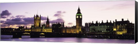 Framed Buildings lit up at dusk, Big Ben, Houses of Parliament, Thames River, City Of Westminster, London, England Print