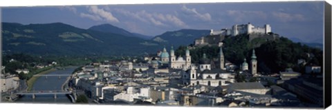 Framed High angle view of a castle on top of a mountain, Hohensalzburg Fortress, Salzach River, Salzburg, Austria Print