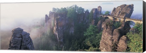 Framed Bridge passing through cliffs, Bastei Bridge, Saxon Switzerland National Park, Dresden, Saxony, Germany Print