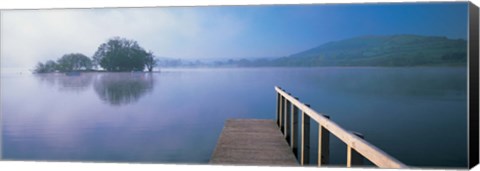 Framed Lake with mountains in the background, Llangorse Lake, Brecon Beacons, Brecon Beacons National Park, Wales Print