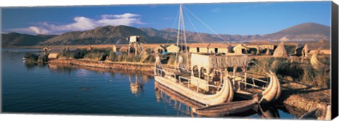 Framed Reed Boats at the lakeside, Lake Titicaca, Floating Island, Peru Print