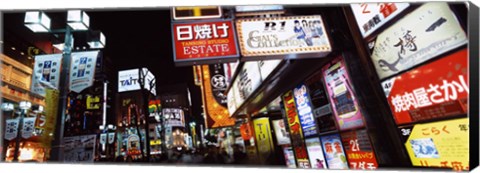 Framed Commercial signboards lit up at night in a market, Shinjuku Ward, Tokyo Prefecture, Kanto Region, Japan Print