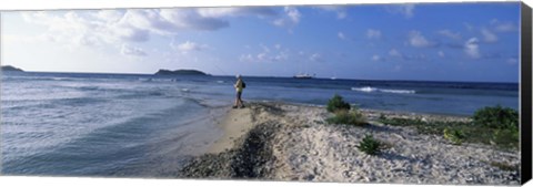 Framed Tourist fishing on the beach, Sandy Cay, Carriacou, Grenada Print