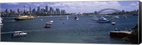 Framed Boats in the sea with a bridge in the background, Sydney Harbor Bridge, Sydney Harbor, Sydney, New South Wales, Australia Print