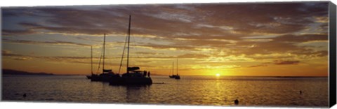 Framed Silhouette of sailboats in the sea at sunset, Tahiti, French Polynesia Print