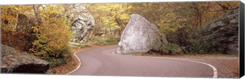 Framed Road curving around a big boulder, Stowe, Lamoille County, Vermont, USA Print