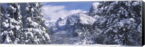 Framed Mountains and waterfall in snow, Tunnel View, El Capitan, Half Dome, Bridal Veil, Yosemite National Park, California Print