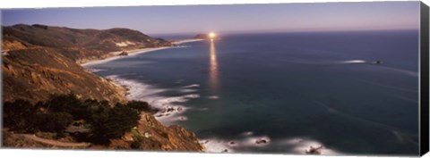 Framed Lighthouse lit up at night, moonlight exposure, Big Sur, California, USA Print