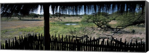 Framed View from a hut, waterhole, Onguma Bush Camp, Etosha National Park, Kunene Region, Namibia Print