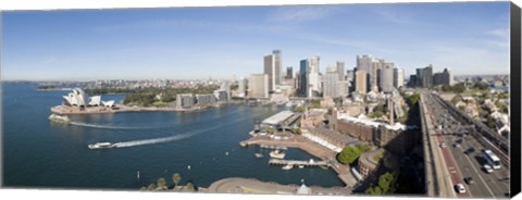 Framed High angle view of a city, Sydney Opera House, Circular Quay, Sydney Harbor, Sydney, New South Wales, Australia Print