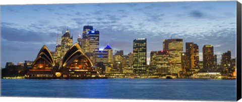 Framed Opera house and buildings lit up at dusk, Sydney Opera House, Sydney Harbor, Sydney, New South Wales, Australia Print
