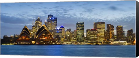 Framed Opera house and buildings lit up at dusk, Sydney Opera House, Sydney Harbor, Sydney, New South Wales, Australia Print