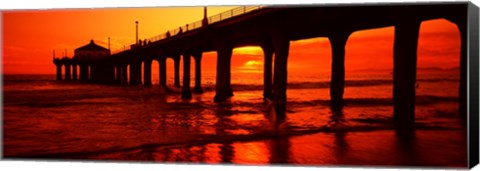 Framed Silhouette of a pier at sunset, Manhattan Beach Pier, Manhattan Beach, Los Angeles County, California, USA Print