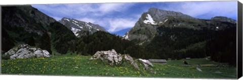 Framed Mountains in a forest, Mt Santis, Mt Altmann, Appenzell Alps, St Gallen Canton, Switzerland Print