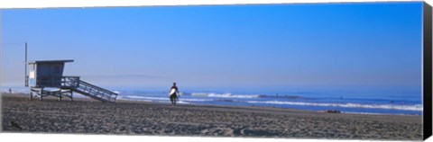 Framed Rear view of a surfer on the beach, Santa Monica, Los Angeles County, California, USA Print