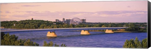 Framed Bridge across a river with Montreal Biosphere in the background, Pont De La Concorde, Montreal, Quebec, Canada Print