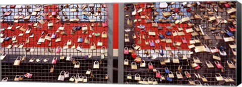 Framed Locks of Love on a fence against a Red Background, Hohenzollern Bridge, Cologne, North Rhine Westphalia, Germany Print