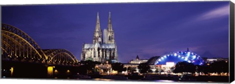 Framed City at dusk, Musical Dome, Cologne Cathedral, Hohenzollern Bridge, Rhine River, Cologne, North Rhine Westphalia, Germany Print