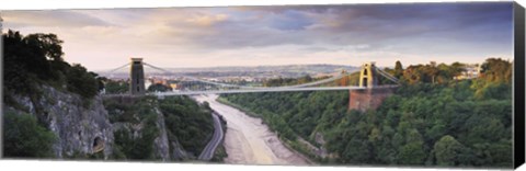 Framed Bridge across a river at sunset, Clifton Suspension Bridge, Avon Gorge, Avon River, Bristol, England Print