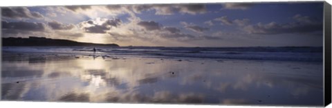 Framed Reflection of clouds on the beach, Fistral Beach, Cornwall, England Print